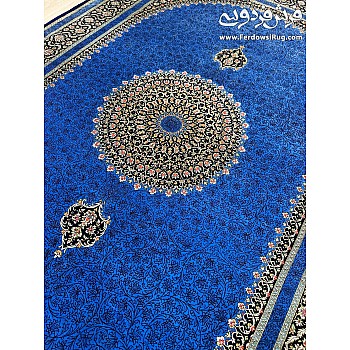 Hand-woven carpet Qalchiyeh 3-meter pure silk blue background design Hasanlu woven in Qom