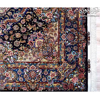 جفت فرش 6 متری دستباف طرح سالاری سرمه ای حاشیه ابریشم تبریز