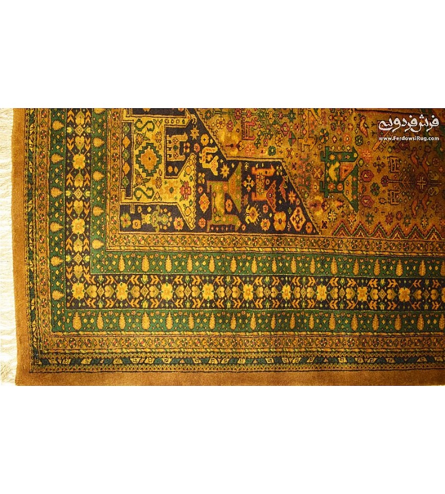 Handmade 6-meter Iranian rug with intricate golden spring design, perfect for adding elegance to living spaces or offices.