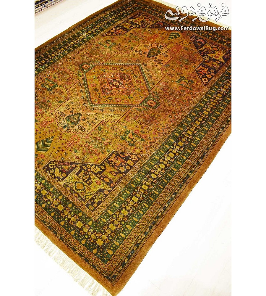 Handmade 6-meter Iranian rug with intricate golden spring design, perfect for adding elegance to living spaces or offices.