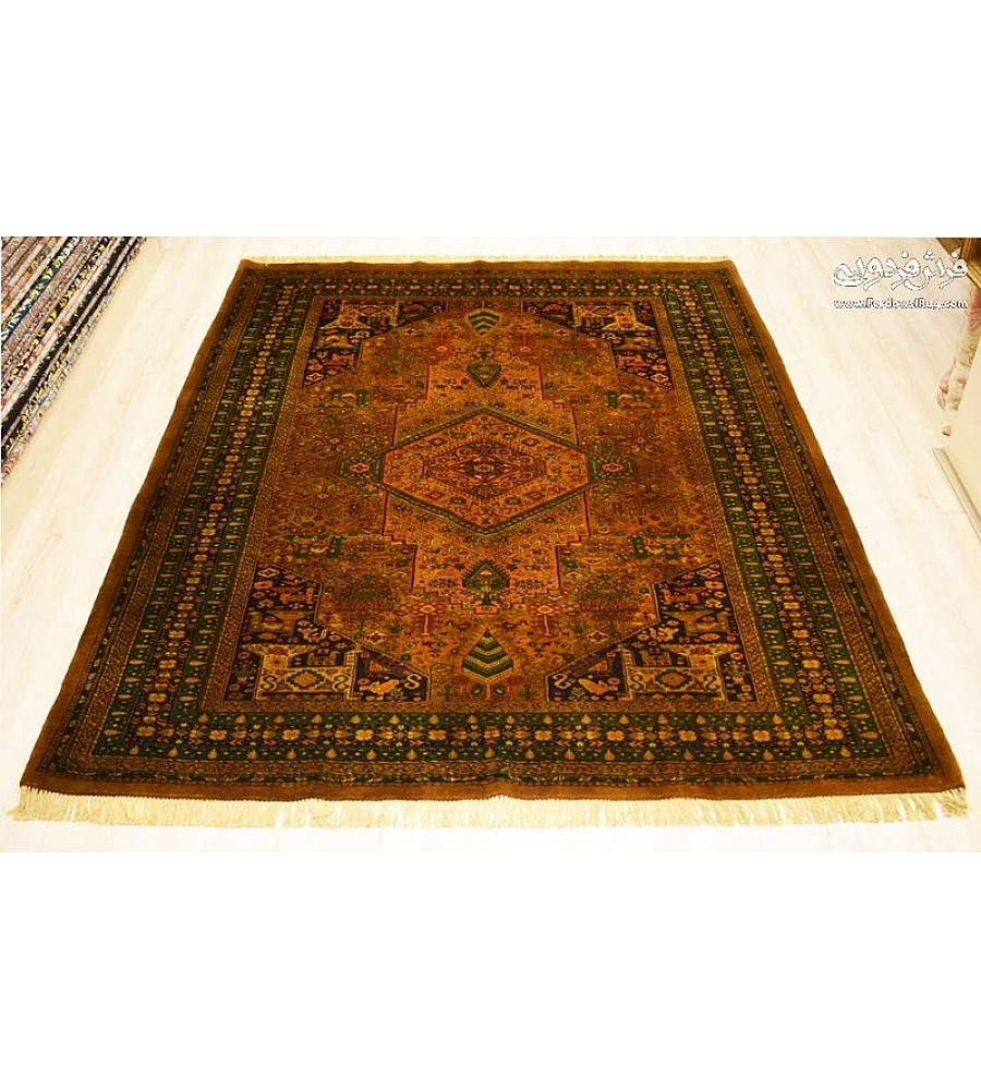Handmade 6-meter Iranian rug with intricate golden spring design, perfect for adding elegance to living spaces or offices.