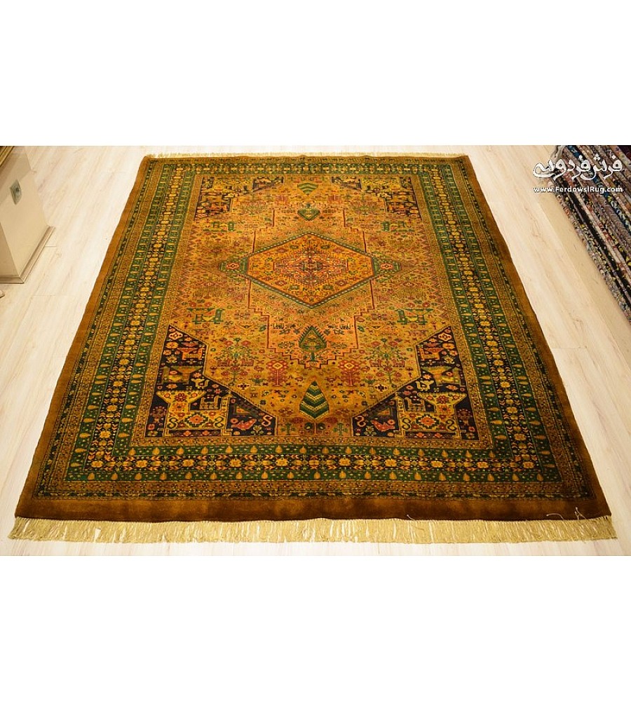 Handmade 6-meter Iranian rug with intricate golden spring design, perfect for adding elegance to living spaces or offices.