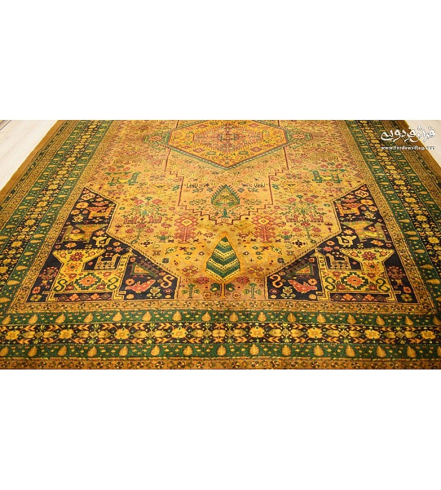 Handmade 6-meter Iranian rug with intricate golden spring design, perfect for adding elegance to living spaces or offices.