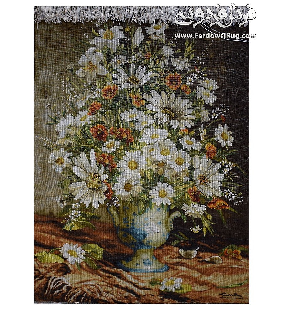 تابلو فرش دستباف طرح گلدان آبی با گل های رنگارنگ مناسب دکوراسیون منزل بافت تبریز کیفیت بالا