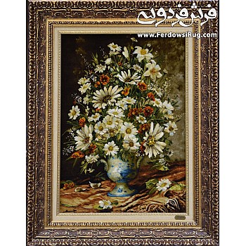 تابلو فرش دستباف طرح گلدان آبی بافت تبریز