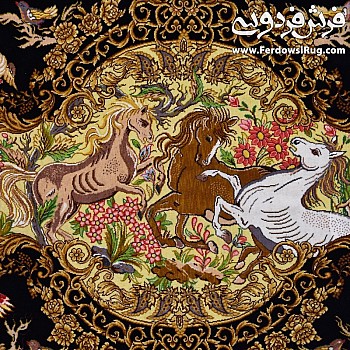 تابلو فرش تمام ابریشم طرح اسب‌های بهشتی بافت قم