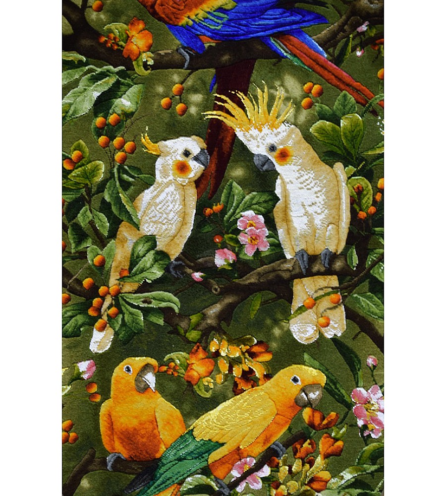 Oval handwoven carpet tableau featuring vibrant parrot design, crafted with intricate Tabriz weaving, perfect for home decor.