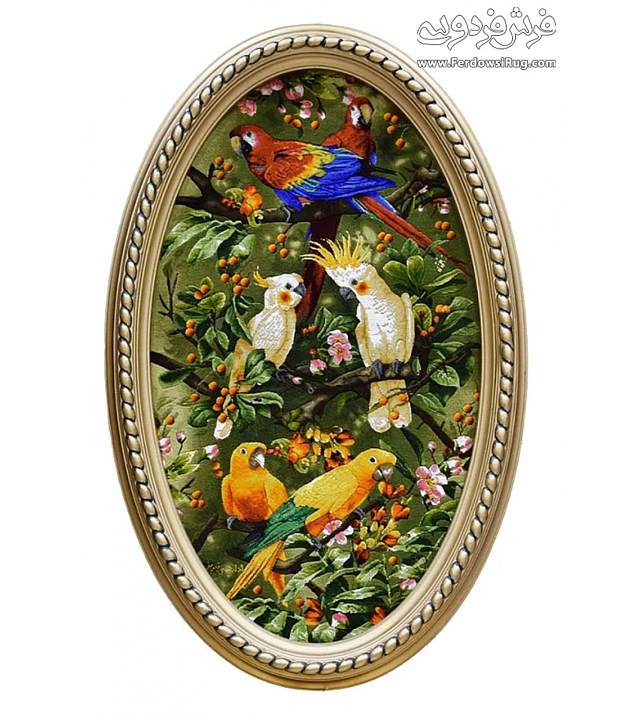 Oval handwoven carpet tableau featuring vibrant parrot design, crafted with intricate Tabriz weaving, perfect for home decor.