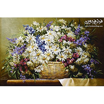 تابلو فرش دستباف طرح سبد گل بهاری بافت تبریز 