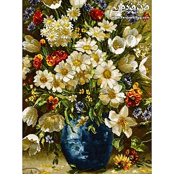 تابلو فرش دستباف طرح گلدان گل لاله سفید بافت تبریز