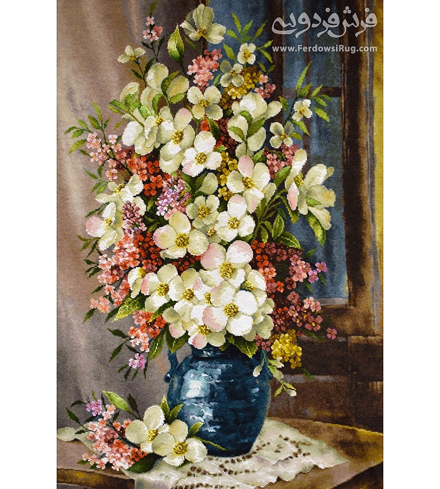 تابلو فرش دستباف طرح گلدان لاجوردی بافت تبریز مناسب دکوراسیون منزل کیفیت عالی هدیه لوکس