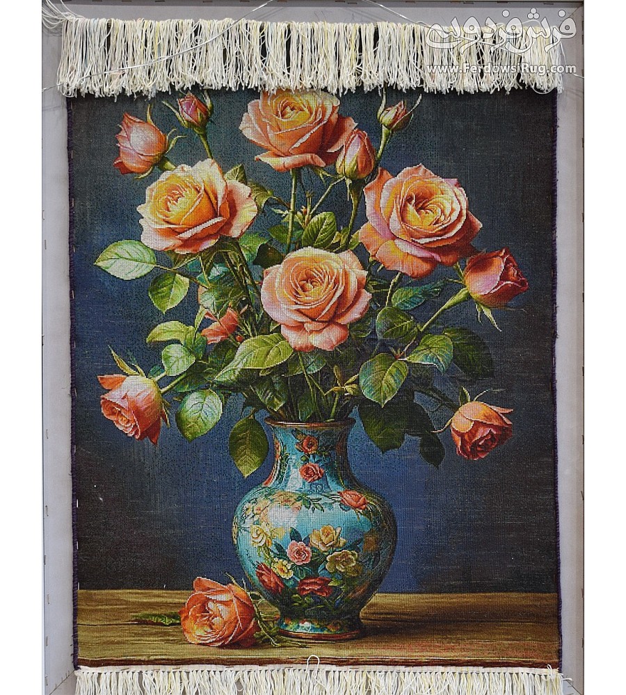 Handwoven wall carpet featuring a golden rose design inspired by Tabriz craftsmanship, perfect for elegant home decor.