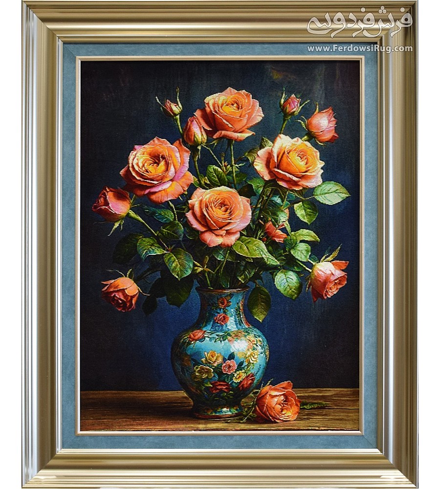 Handwoven wall carpet featuring a golden rose design inspired by Tabriz craftsmanship, perfect for elegant home decor.