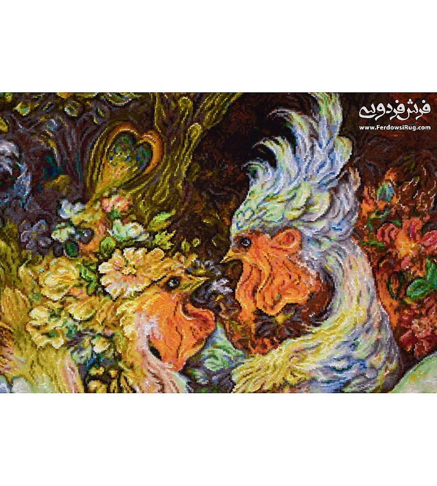 Handwoven Tabriz carpet tableau featuring a detailed Phoenix bird design, showcasing intricate craftsmanship and vibrant colors