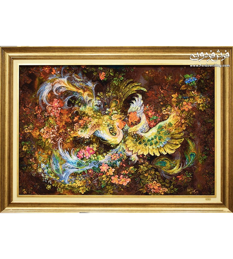 Handwoven Tabriz carpet tableau featuring a detailed Phoenix bird design, showcasing intricate craftsmanship and vibrant colors