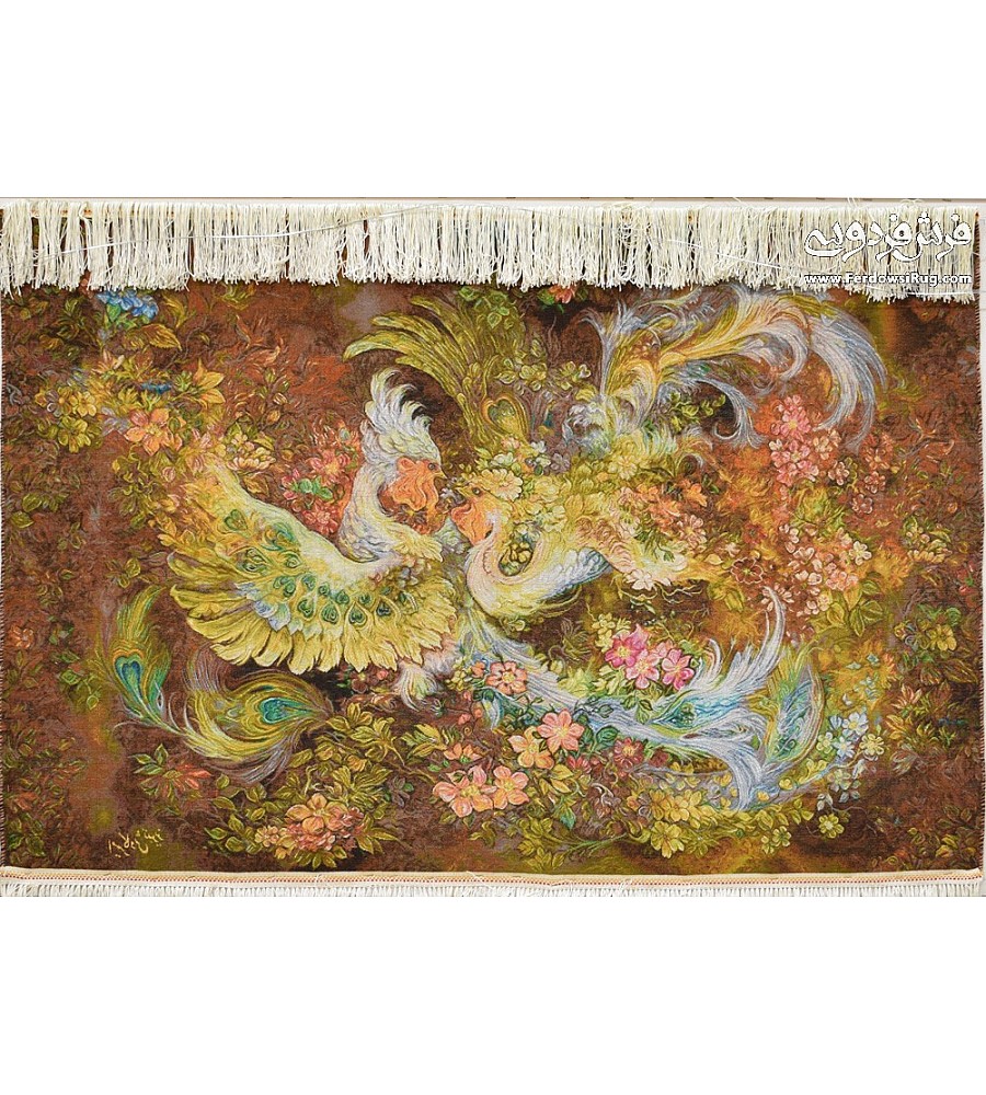Handwoven Tabriz carpet tableau featuring a detailed Phoenix bird design, showcasing intricate craftsmanship and vibrant colors