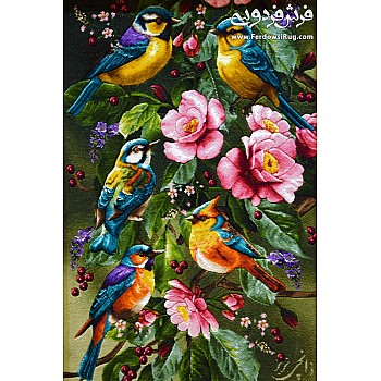 Handwoven carpet tableau design of early morning bird woven in Tabriz