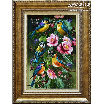Handwoven carpet tableau design of early morning bird woven in Tabriz