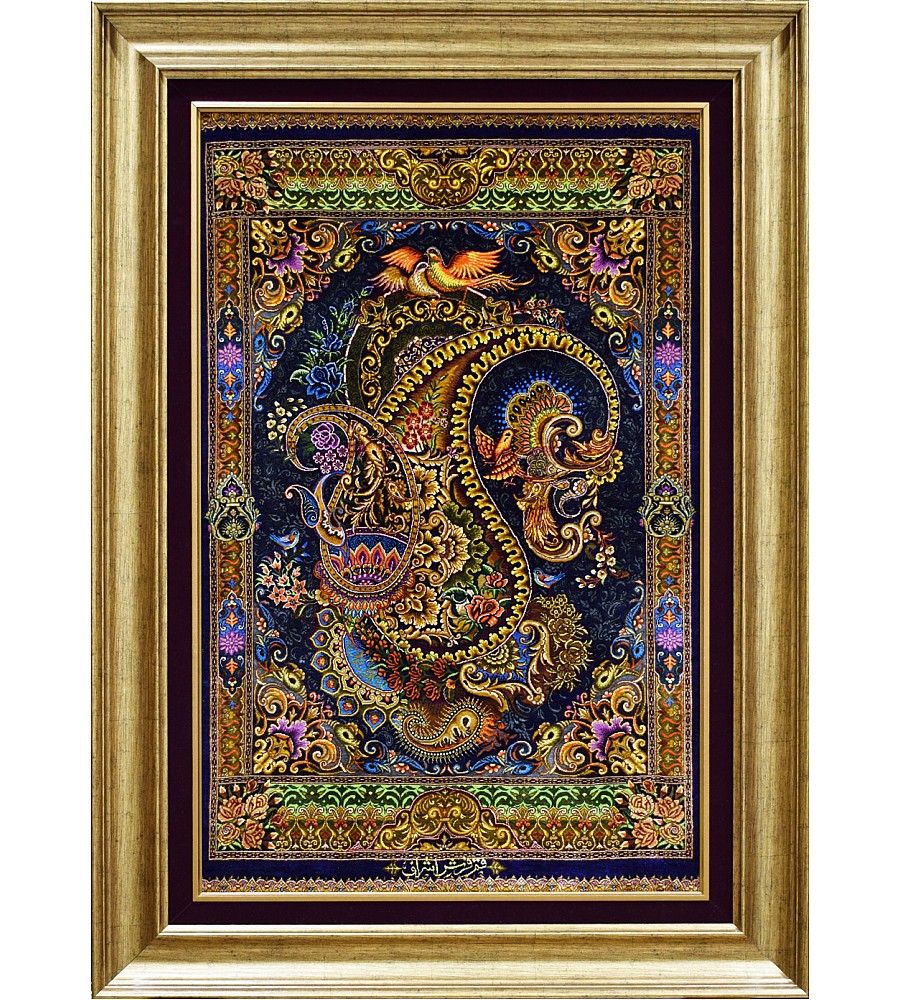 Hand-woven Qom silk carpet tableau 1.5 meters featuring intricate boteh jegheh design showcasing Persian craftsmanship