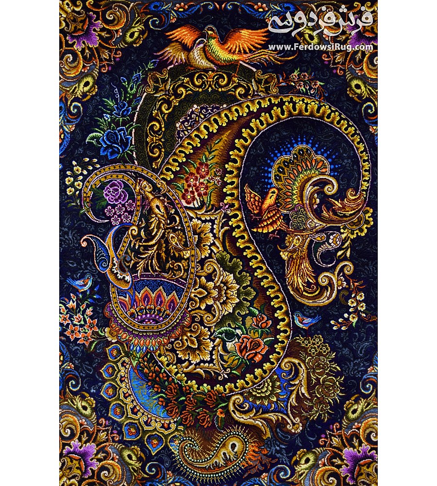 Hand-woven Qom silk carpet tableau 1.5 meters featuring intricate boteh jegheh design showcasing Persian craftsmanship