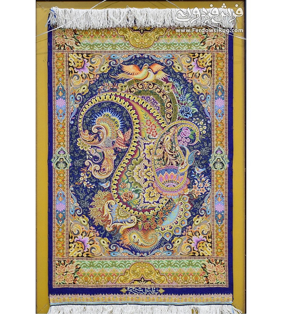Hand-woven Qom silk carpet tableau 1.5 meters featuring intricate boteh jegheh design showcasing Persian craftsmanship