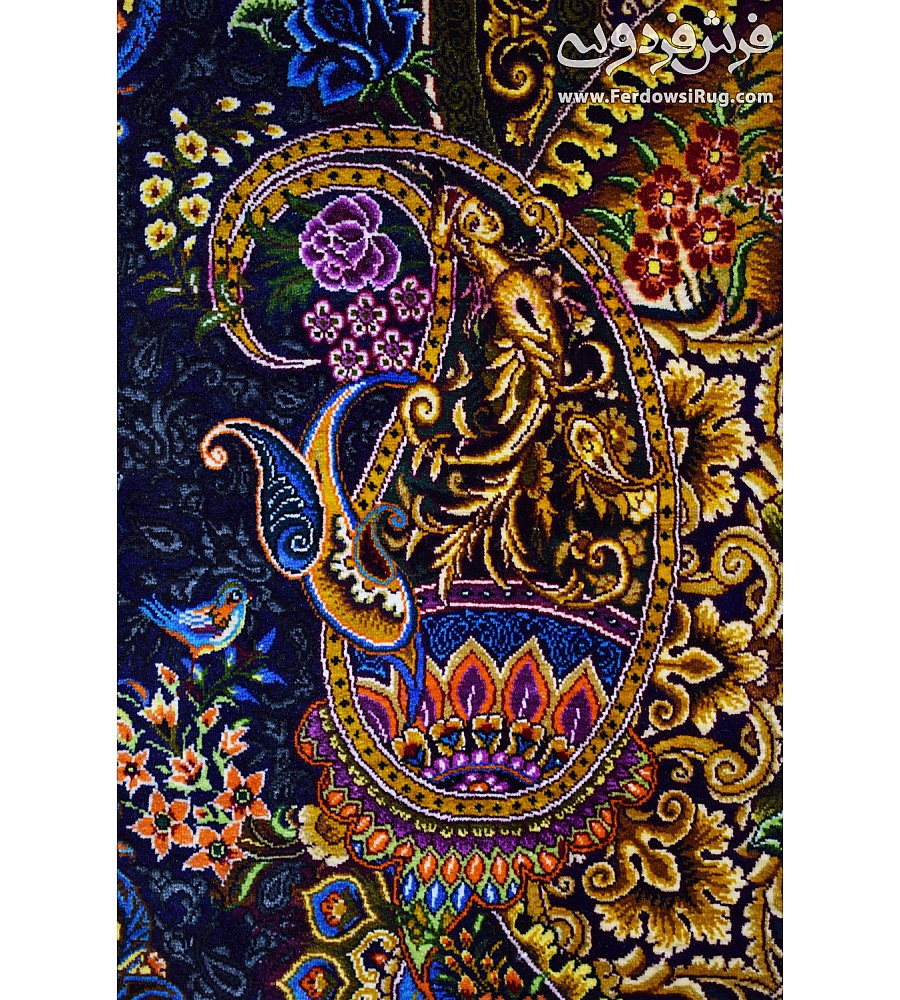 Hand-woven Qom silk carpet tableau 1.5 meters featuring intricate boteh jegheh design showcasing Persian craftsmanship