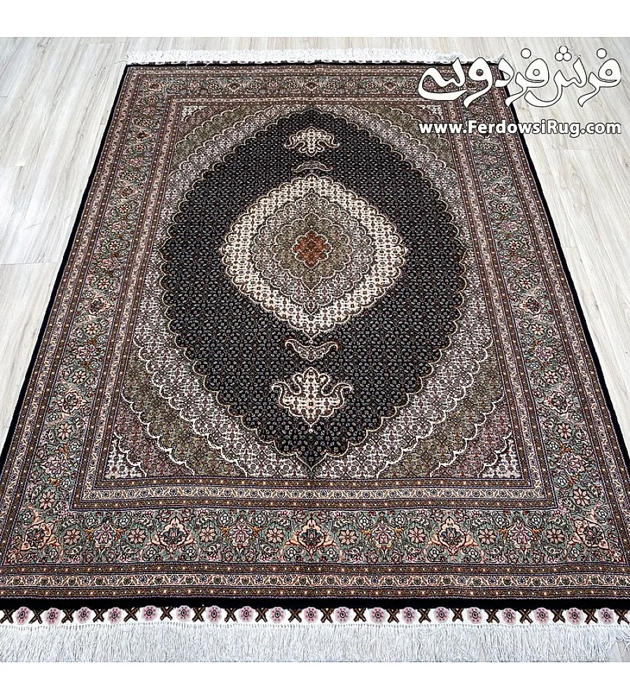 Handwoven 3-meter rug with intricate fine fish design, inspired by Kamal-ol-Molk artistry, crafted in traditional Tabriz weave.