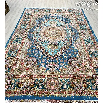 فرش دستباف 6 متری طرح سالاری آبی فیروزه‌ای تبریز