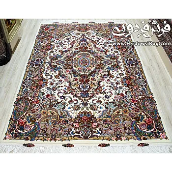 Hand-knotted 6-meter paired carpet with Khatibi design, cream border brown Tabriz Mashhad