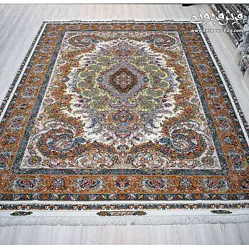 9-meter handwoven rug, Mehr Cream Wave design, Tabriz weave