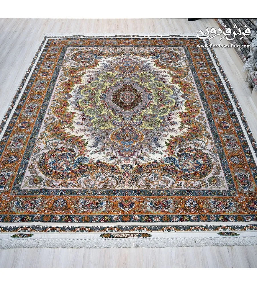 Handwoven 9-meter rug with Mehr Cream Wave design, crafted in Tabriz weave, perfect for elegant home decor and cozy spaces.