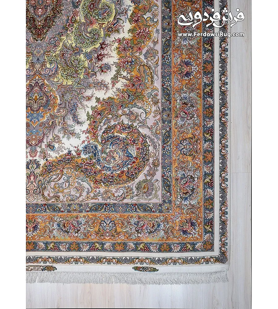 Handwoven 9-meter rug with Mehr Cream Wave design, crafted in Tabriz weave, perfect for elegant home decor and cozy spaces.