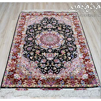 Handwoven rug Zar-o-Nim design Aliya navy blue copper border Tabriz weaving