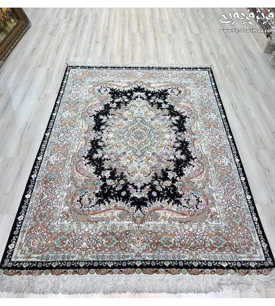 Handwoven 3-meter rug with wave design, black and brown border, Tabriz-style carpet, perfect for living room or home decor.