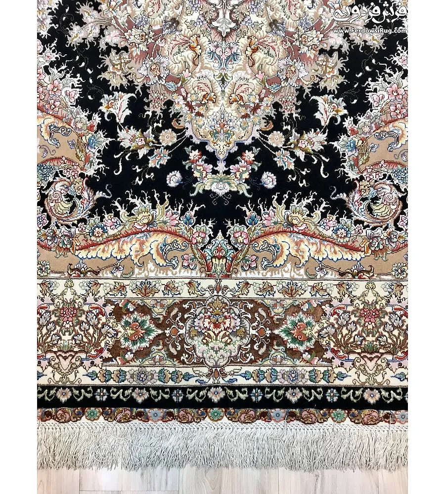 Handwoven 3-meter rug with wave design, black and brown border, Tabriz-style carpet, perfect for living room or home decor.