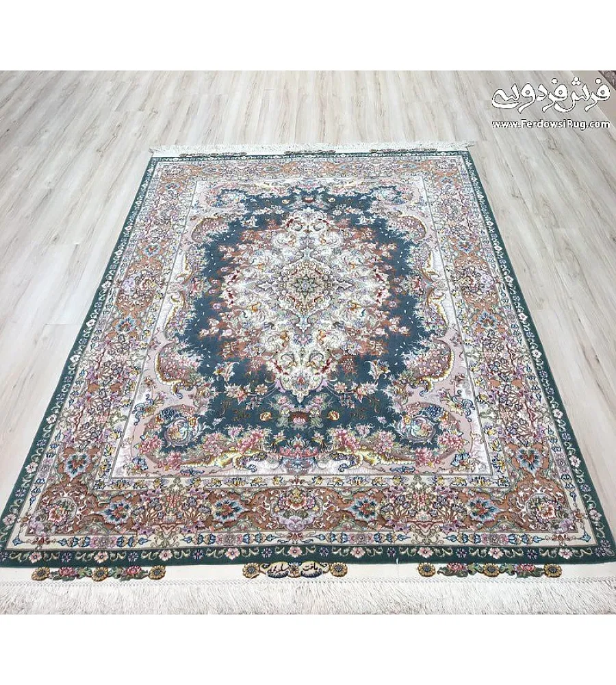 Handwoven 3-meter carpet, Moj-e Mehr Sabz design, traditional Tabriz style, green tones, Persian craftsmanship.