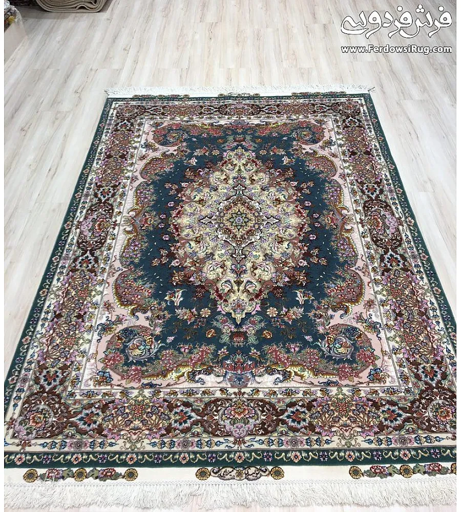 Handwoven 3-meter carpet, Moj-e Mehr Sabz design, traditional Tabriz style, green tones, Persian craftsmanship.