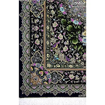 فرش دستباف قالیچه 3 متری تمام ابریشم مشکی طرح رضایی بافت قم