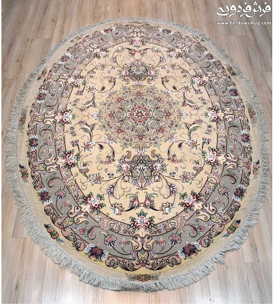 Oval handwoven carpet with intricate Tabriz weave design, 3 meters long, perfect for enhancing living room or dining space decor.