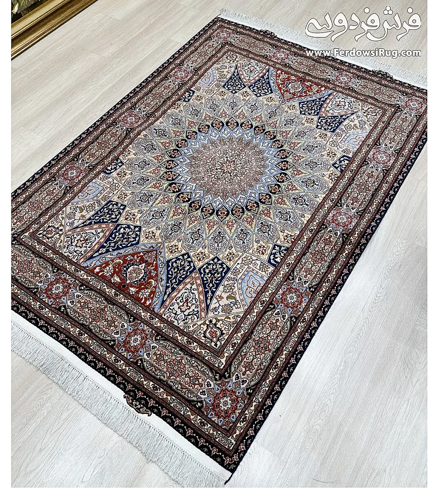 Handmade Tabriz rug, 3 meters, featuring intricate Gonbad design; perfect for living rooms or offices; elegant craftsmanship.