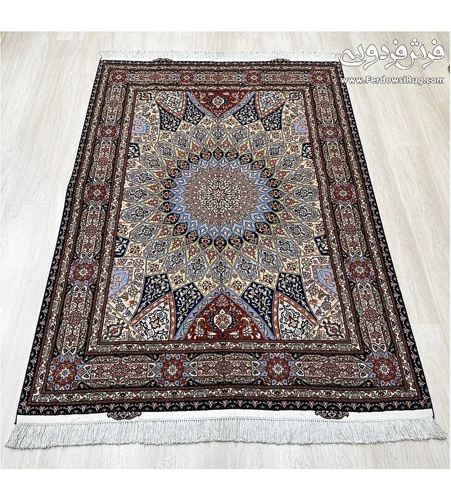 Handmade Tabriz rug, 3 meters, featuring intricate Gonbad design; perfect for living rooms or offices; elegant craftsmanship.