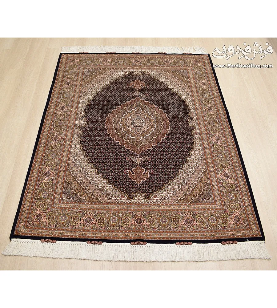Handwoven 3-meter Tabriz rug with Kamal-ol-Molk design, navy blue color, intricate Persian patterns, premium wool quality.