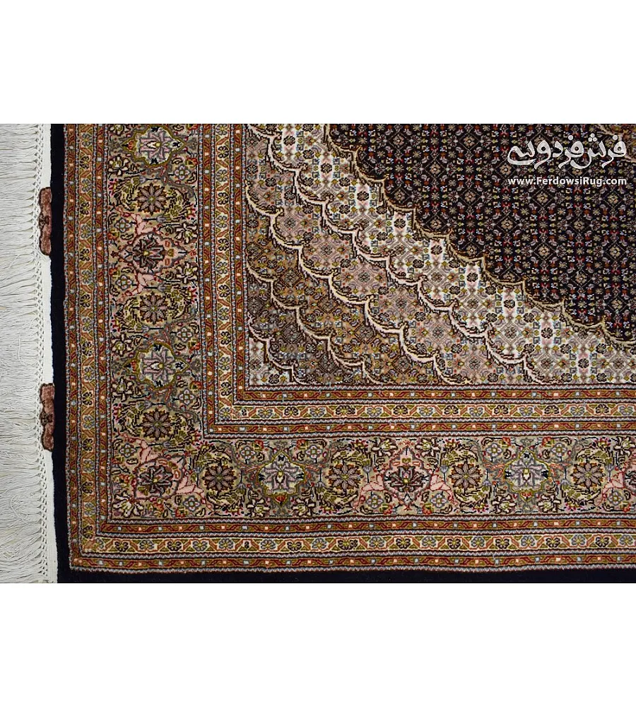 Handwoven 3-meter Tabriz rug with Kamal-ol-Molk design, navy blue color, intricate Persian patterns, premium wool quality.
