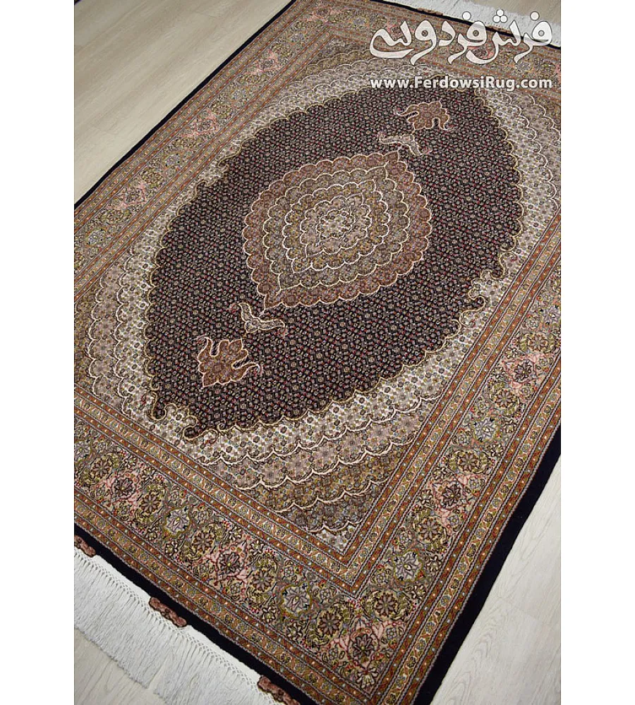 Handwoven 3-meter Tabriz rug with Kamal-ol-Molk design, navy blue color, intricate Persian patterns, premium wool quality.