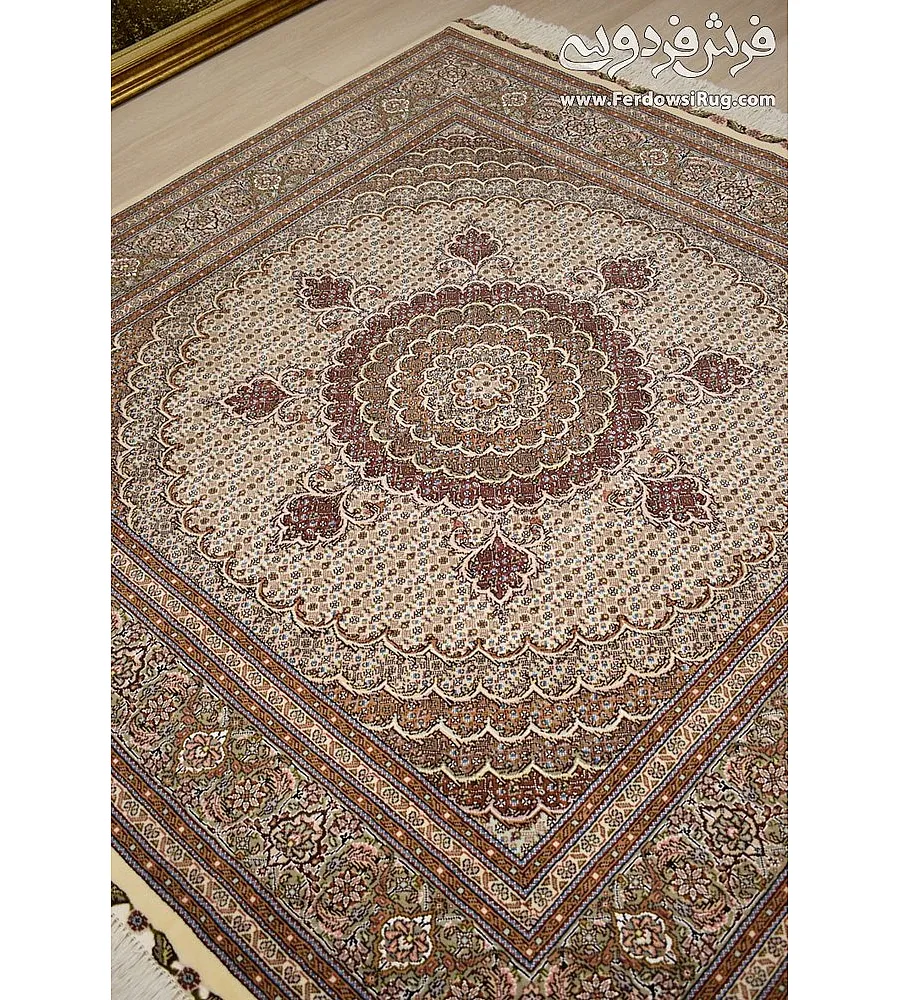 Handwoven cream carpet rug 2x2 meters, fine fish design, Tabriz weave, elegant and durable decor for living room or office.