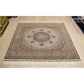 Handwoven carpet rug 2 meters by 2 meters fine fish design cream Tabriz weave