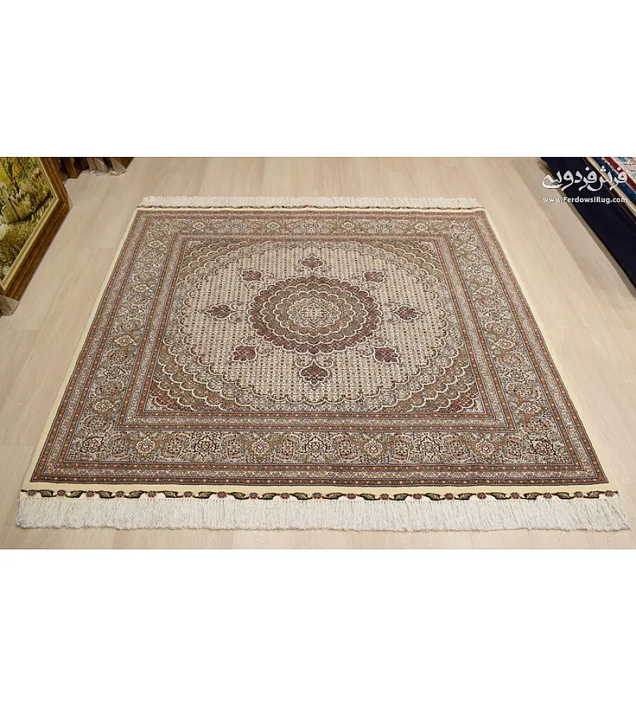 Handwoven cream carpet rug 2x2 meters, fine fish design, Tabriz weave, elegant and durable decor for living room or office.