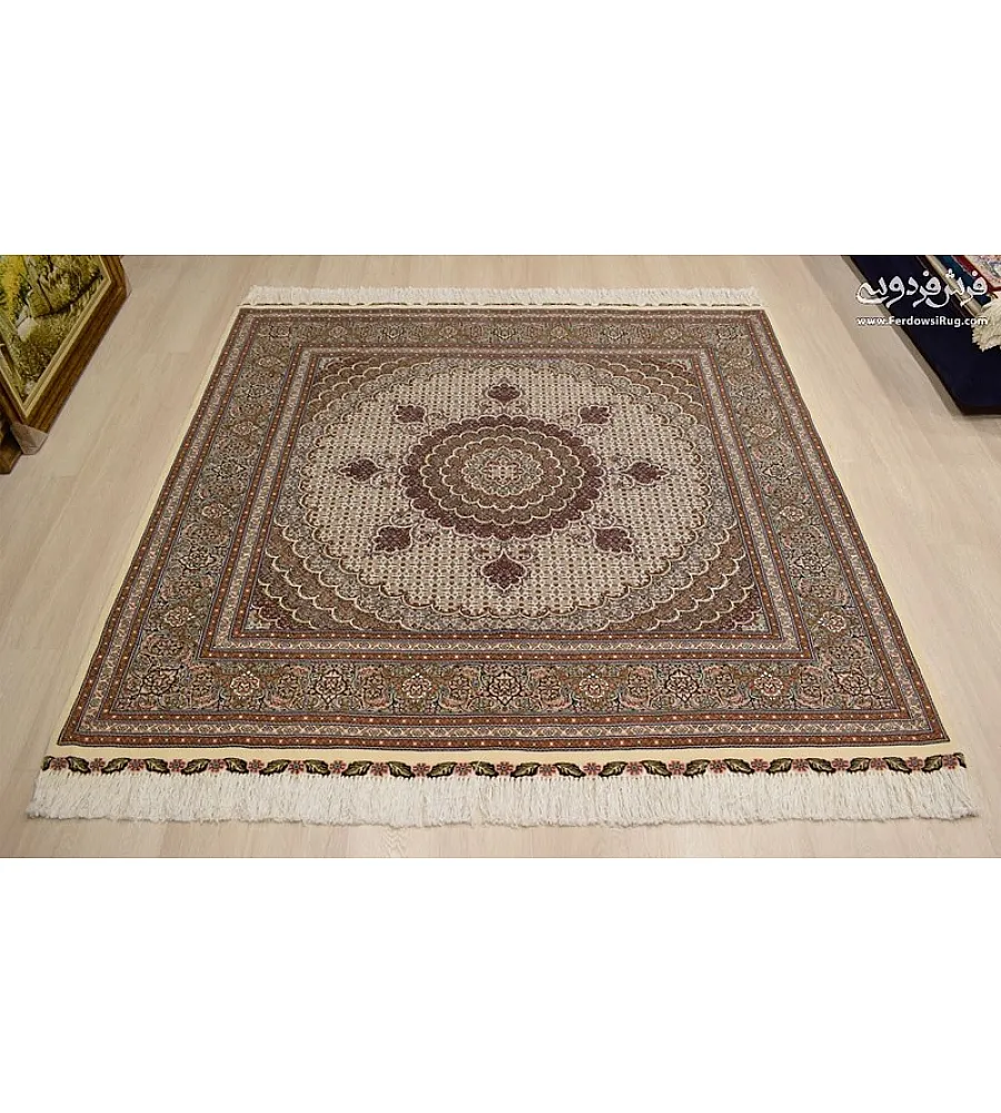 Handwoven cream carpet rug 2x2 meters, fine fish design, Tabriz weave, elegant and durable decor for living room or office.