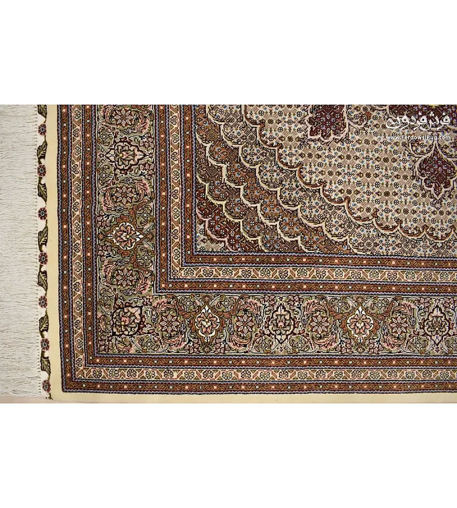 Handwoven cream carpet rug 2x2 meters, fine fish design, Tabriz weave, elegant and durable decor for living room or office.