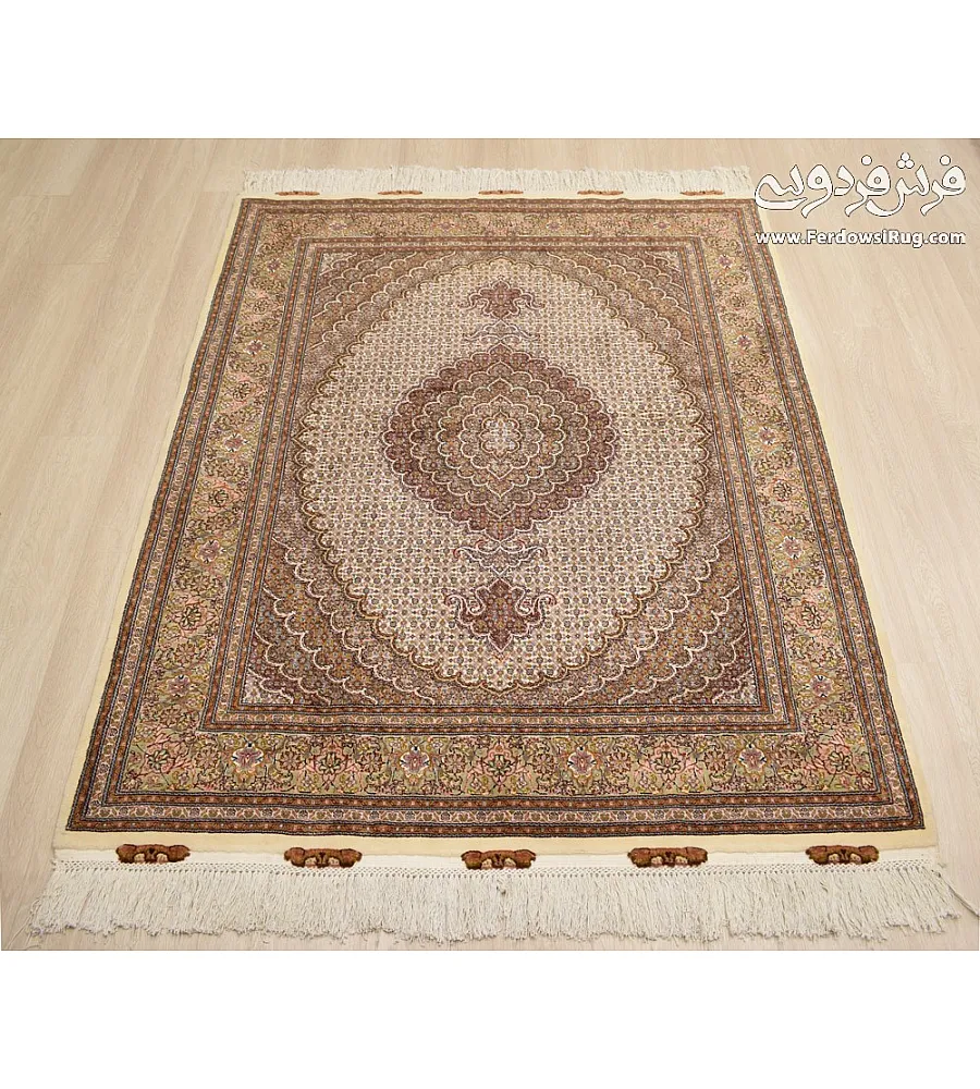 Handwoven cream carpet, Kamal-ol-Molk design, 3-meter Tabriz rug, 50 Raj quality, elegant Persian craftsmanship